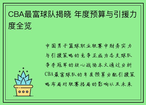 CBA最富球队揭晓 年度预算与引援力度全览